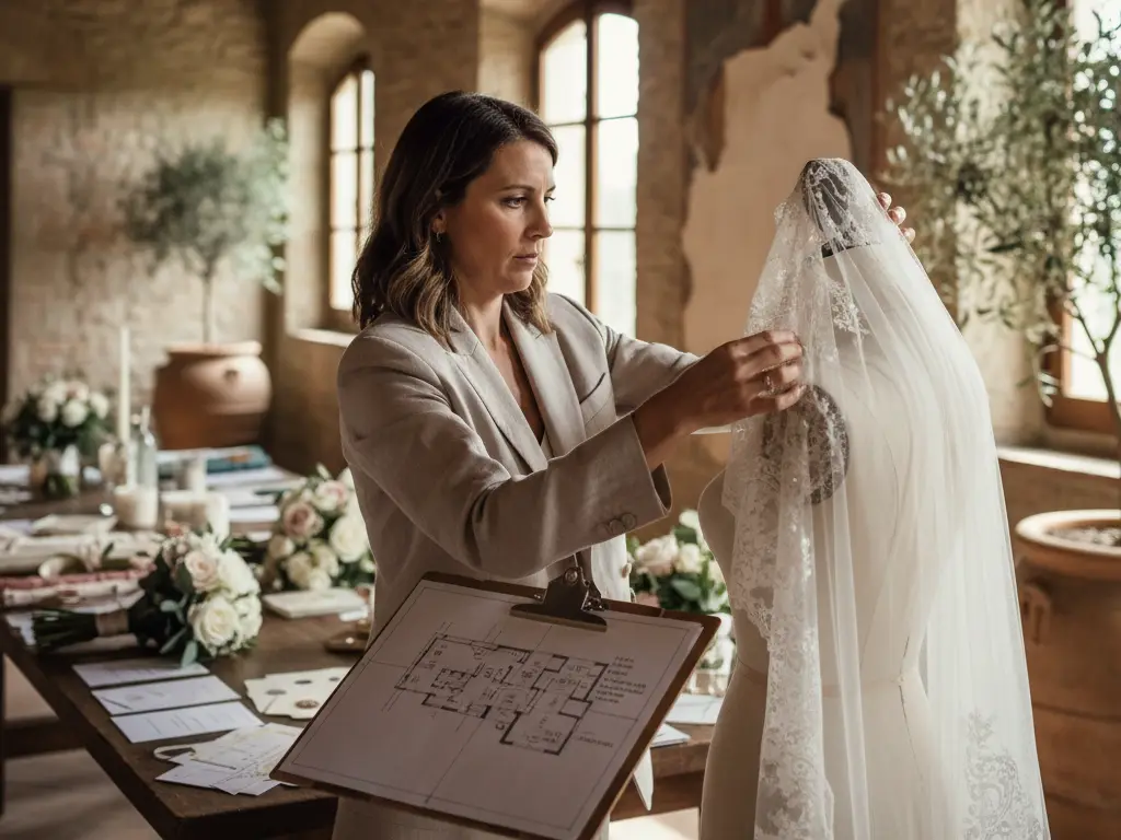 Wedding planner coordonnant les détails d'une robe de mariée et un plan d'organisation en Europe.