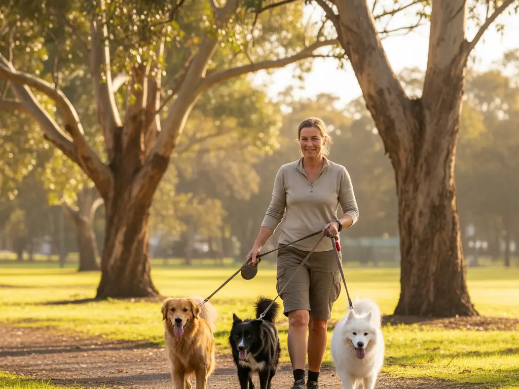Une promeneuse promène trois chiens en laisse dans un parc verdoyant en Australie.