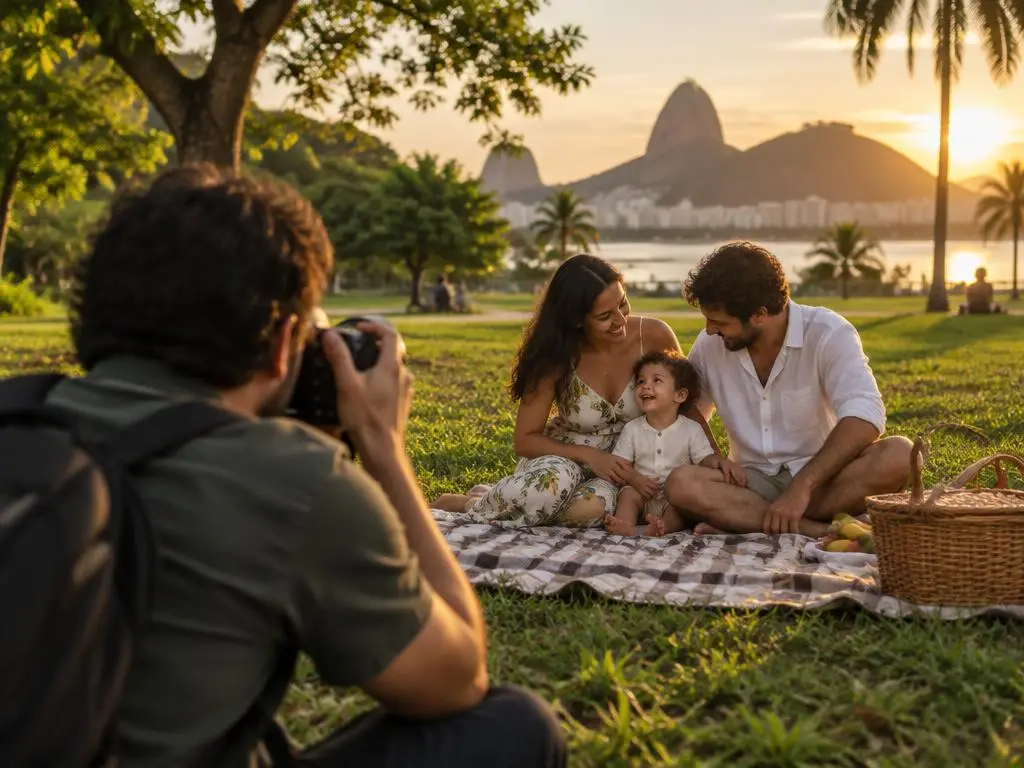 Photographe réalisant une séance photo d'une jeune famille sur une couverture dans un parc de Rio