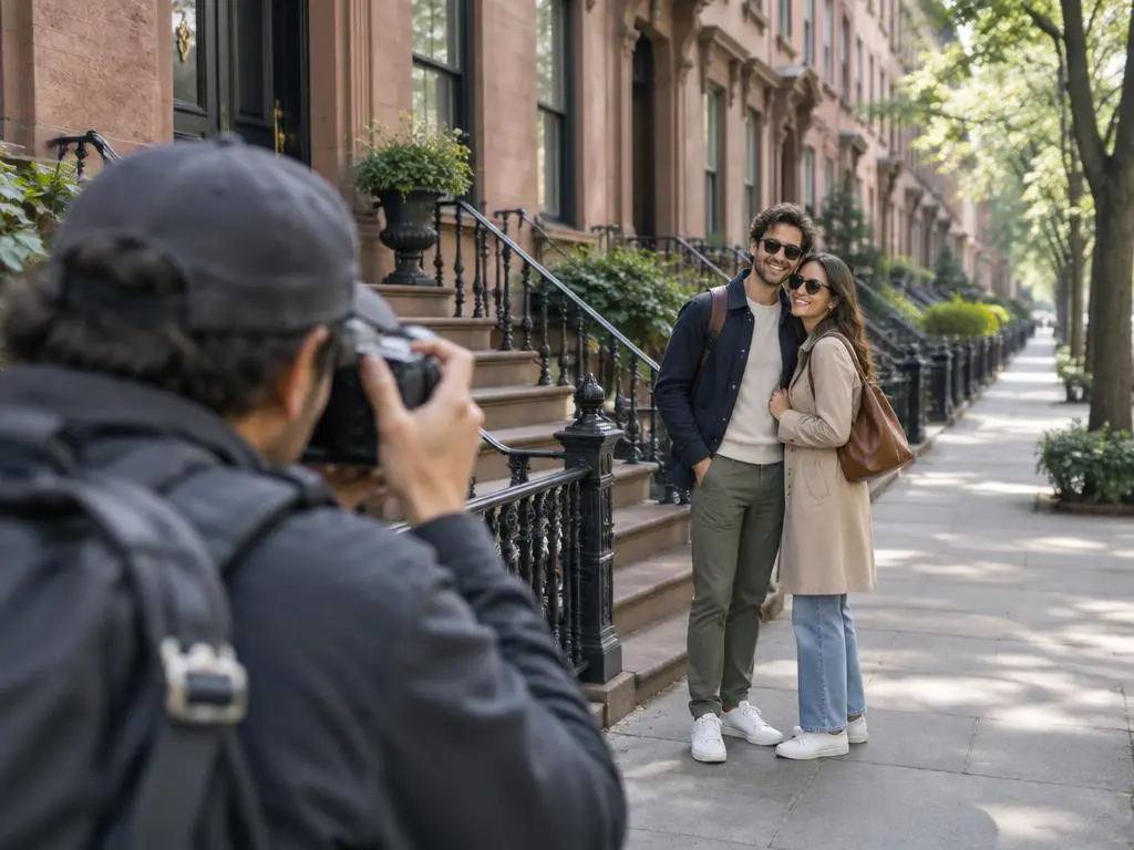 Photographe de voyage photographiant un couple de touristes dans une rue de brownstones à New York
