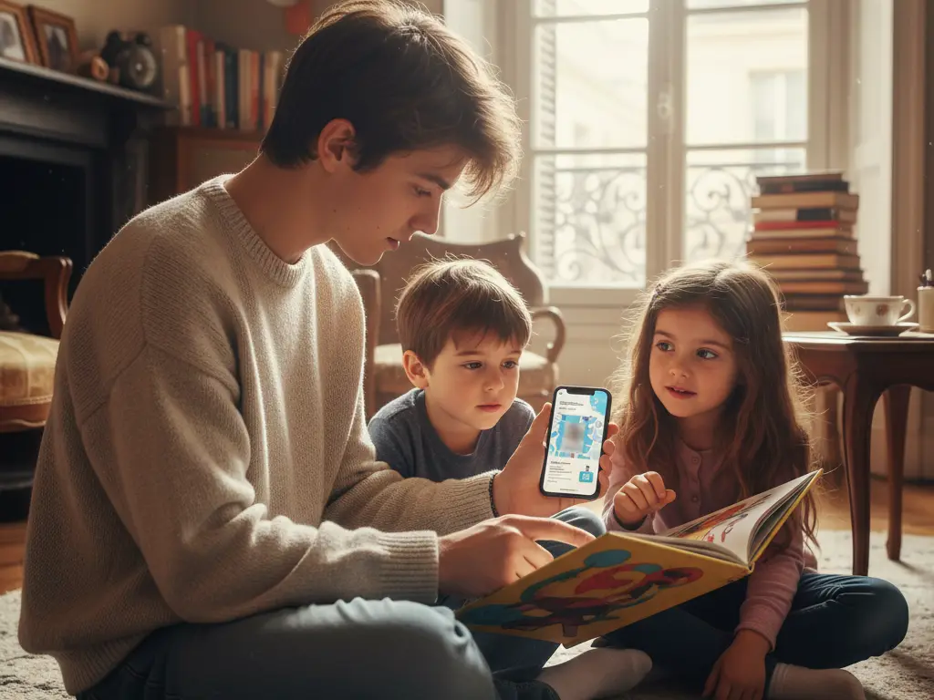 Baby-sitter lisant un livre à des enfants dans un salon parisien avec smartphone à proximité.