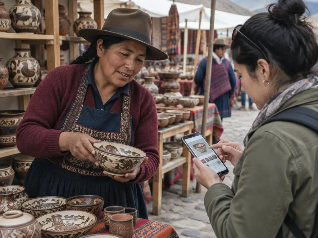 Potière présentant un bol à une cliente qui consulte une annonce sur son smartphone au marché