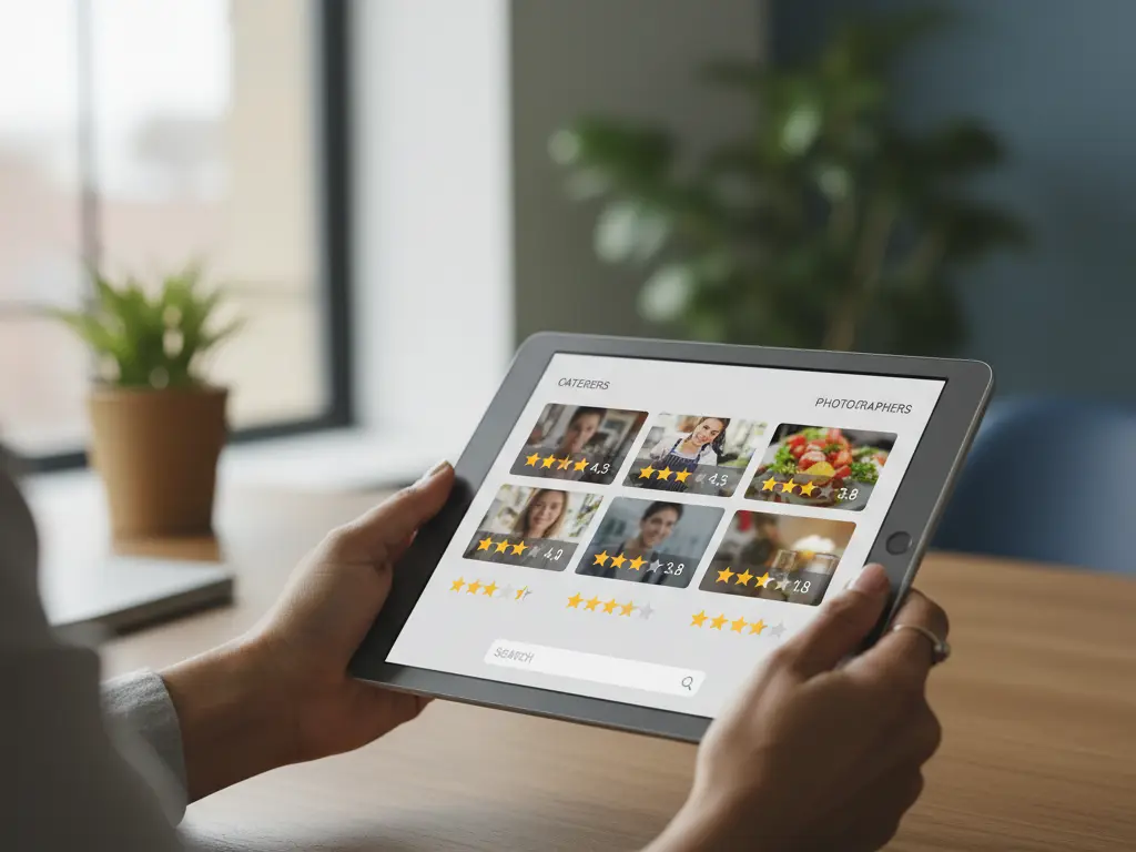 Interface d'une plateforme numérique listant des prestataires événementiels sur une tablette tactile.