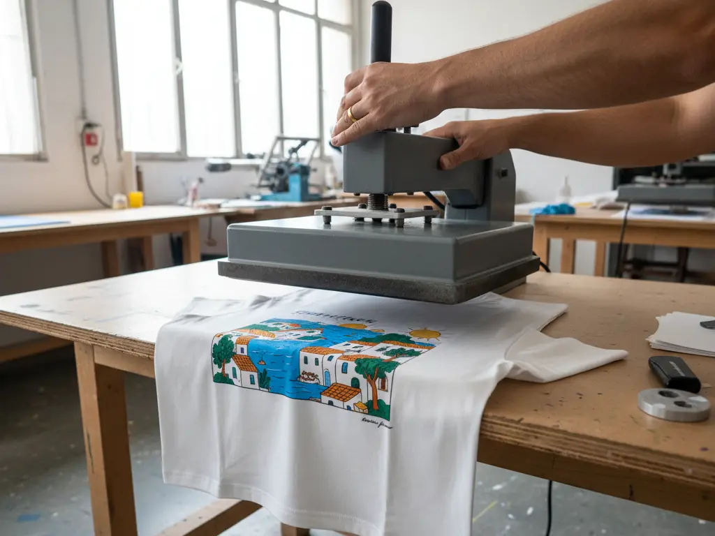 Presse à chaud imprimant une illustration personnalisée sur un t-shirt en coton blanc en Espagne.