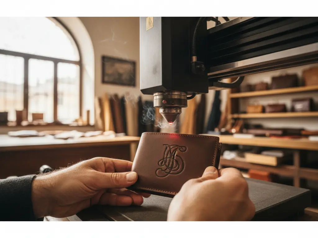 Machine laser gravant un monogramme personnalisé sur un portefeuille en cuir italien de qualité.