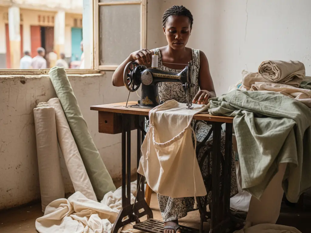 Couture artisanale de sacs en tissu réutilisables pour une démarche zéro déchet en Afrique de l'Ouest.