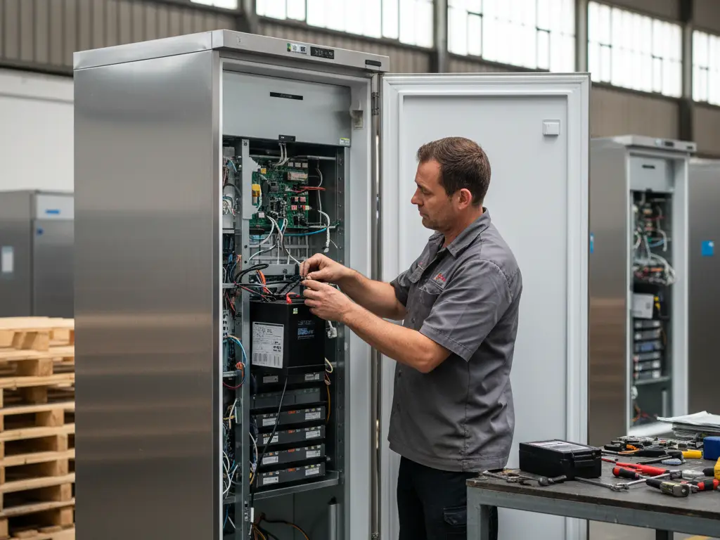 Technicien en Australie réparant les composants internes d'un grand réfrigérateur dans un atelier de reconditionnement spacieux.