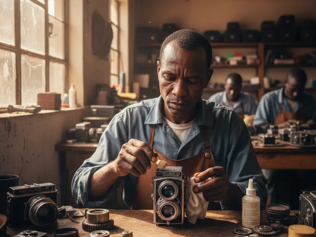 Technicien nettoyant méticuleusement l'objectif d'un appareil photo argentique vintage pour la revente.