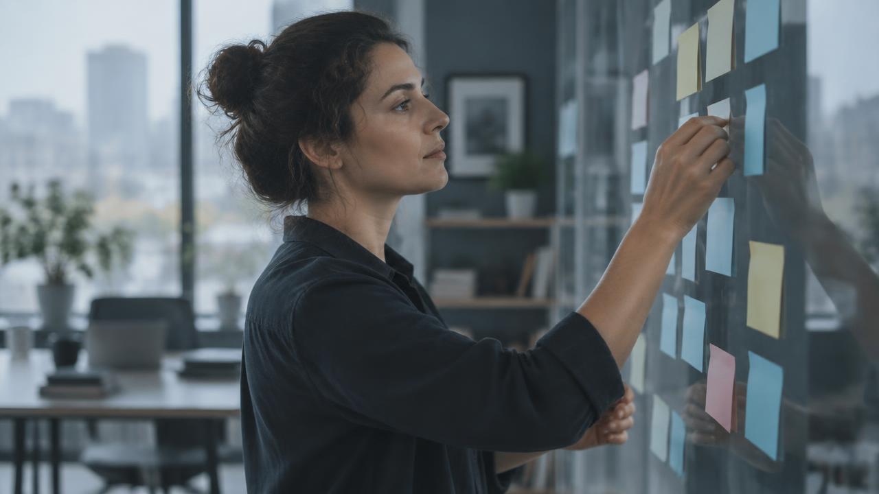 Entrepreneure organisant son plan de lancement sur un mur vitré