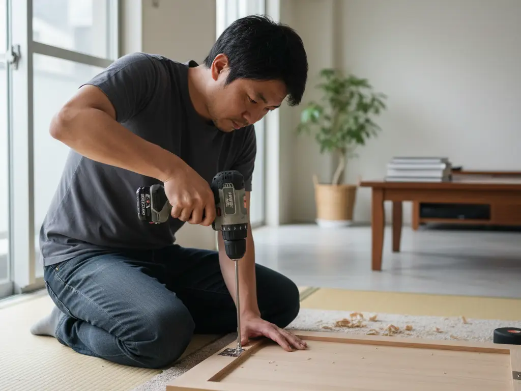 Montage d'un meuble en bois à l'aide d'une visseuse électrique dans un intérieur japonais.