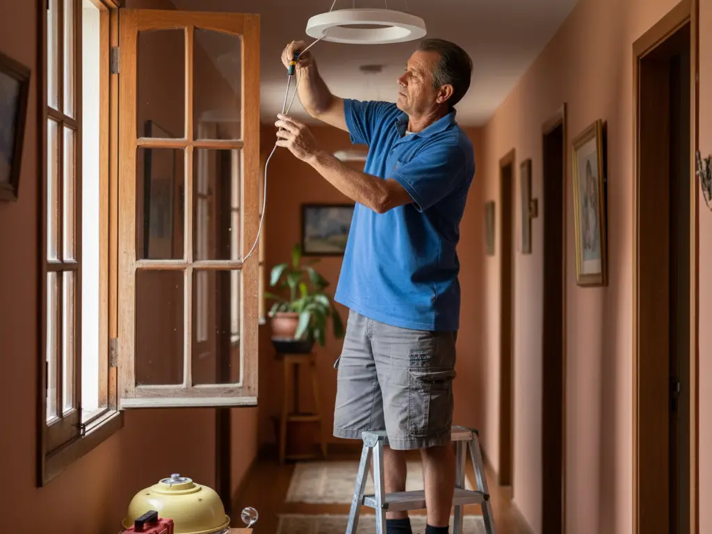 Réparation et installation d'un luminaire au plafond par un homme à tout faire en Amérique du Sud.