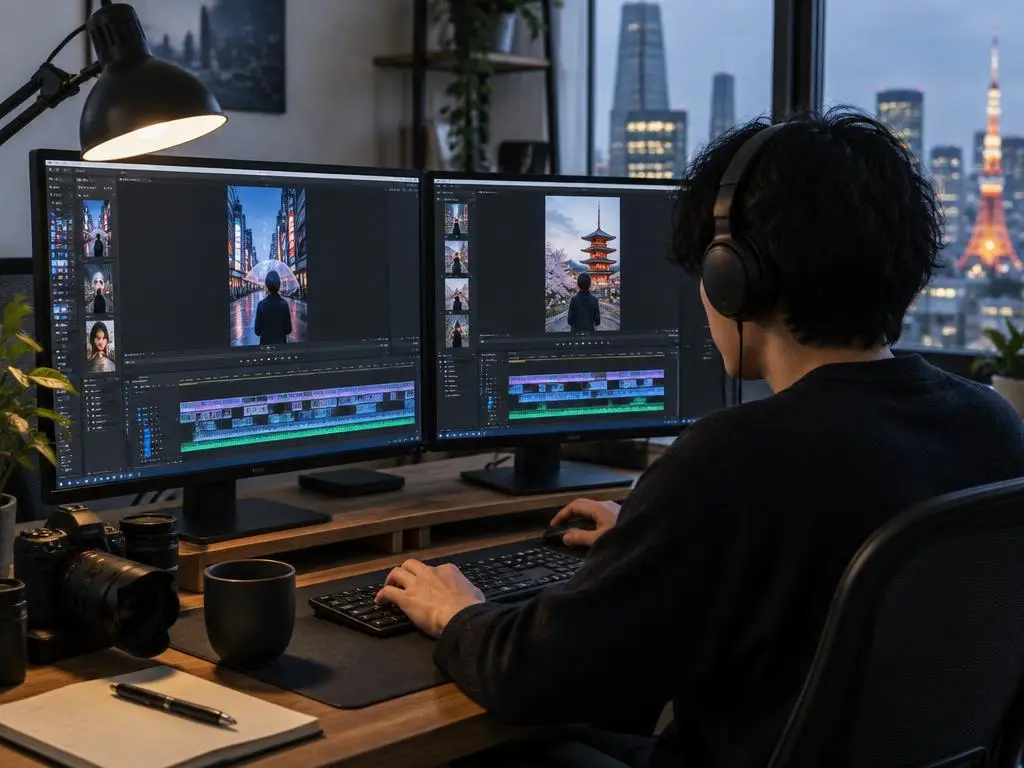 Monteur vidéo retouchant des formats courts sur deux écrans dans un studio à Tokyo