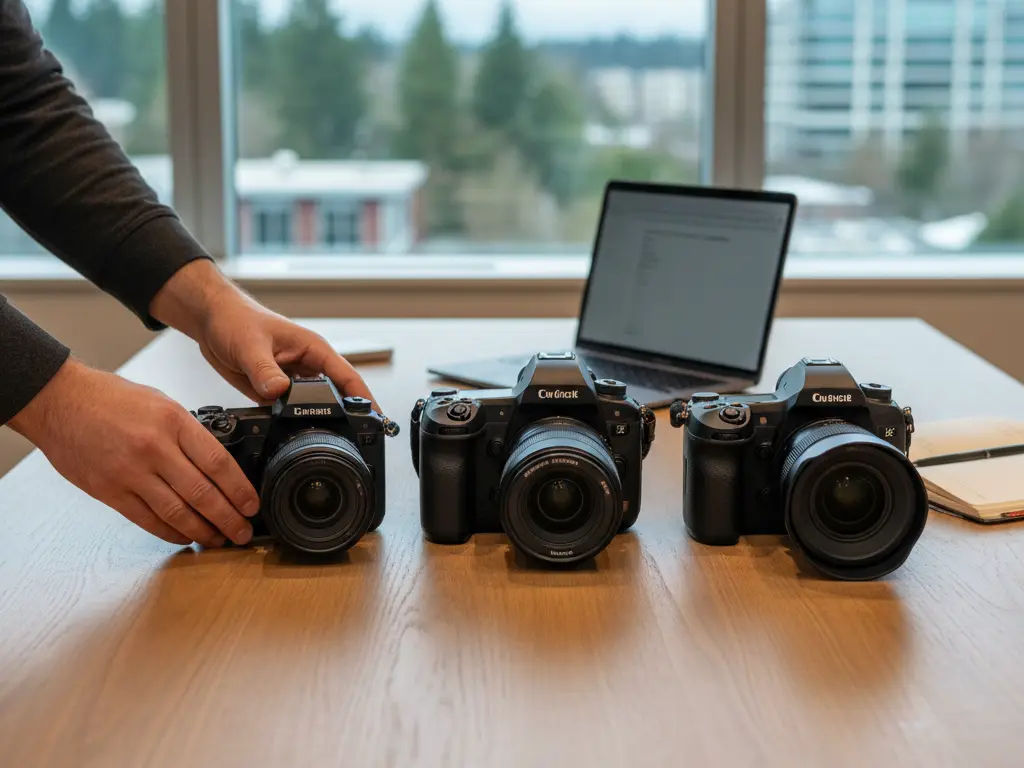 Comparaison technique de trois appareils photo haut de gamme pour un guide d'achat en ligne.
