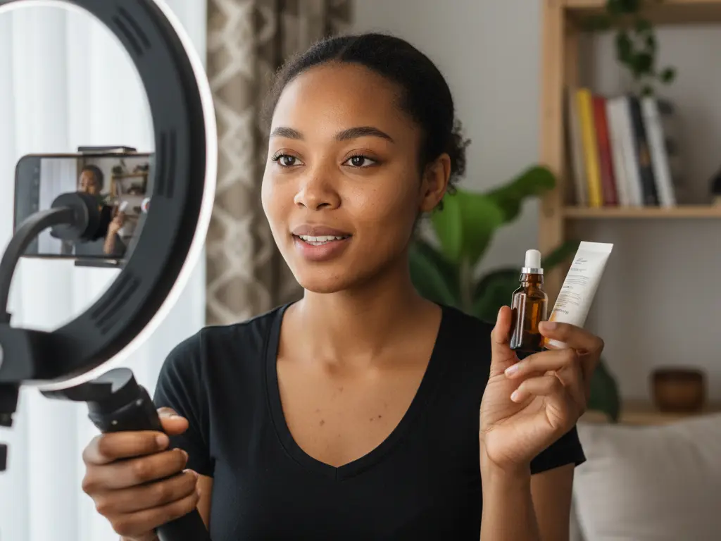 Créatrice de contenu filmant une vidéo publicitaire avec un smartphone et un anneau lumineux.