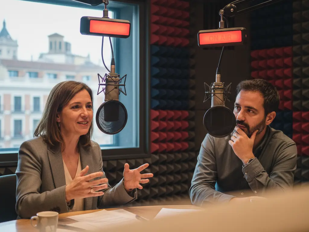 Enregistrement de podcast dans un studio insonorisé avec micros professionnels en Europe du Sud.
