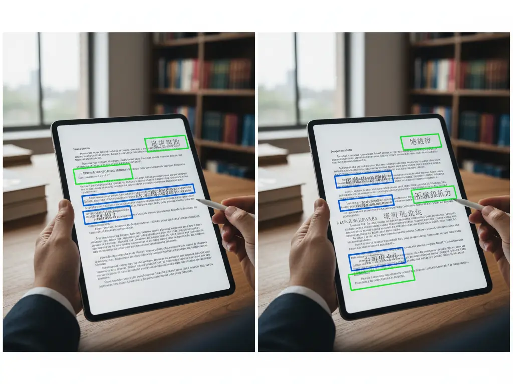 Écran partagé comparant des documents juridiques complexes avec des corrections de traduction suggérées par IA.