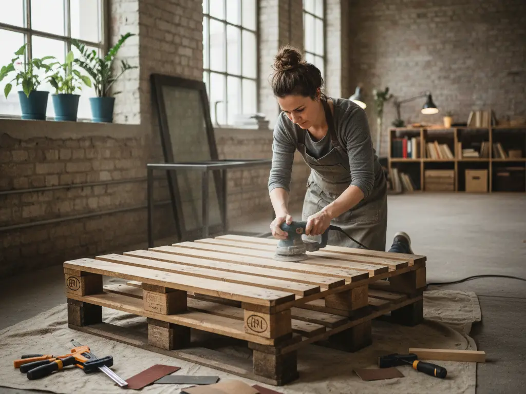 Artisan ponçant du bois de récupération pour fabriquer un meuble design dans un atelier d'upcycling.