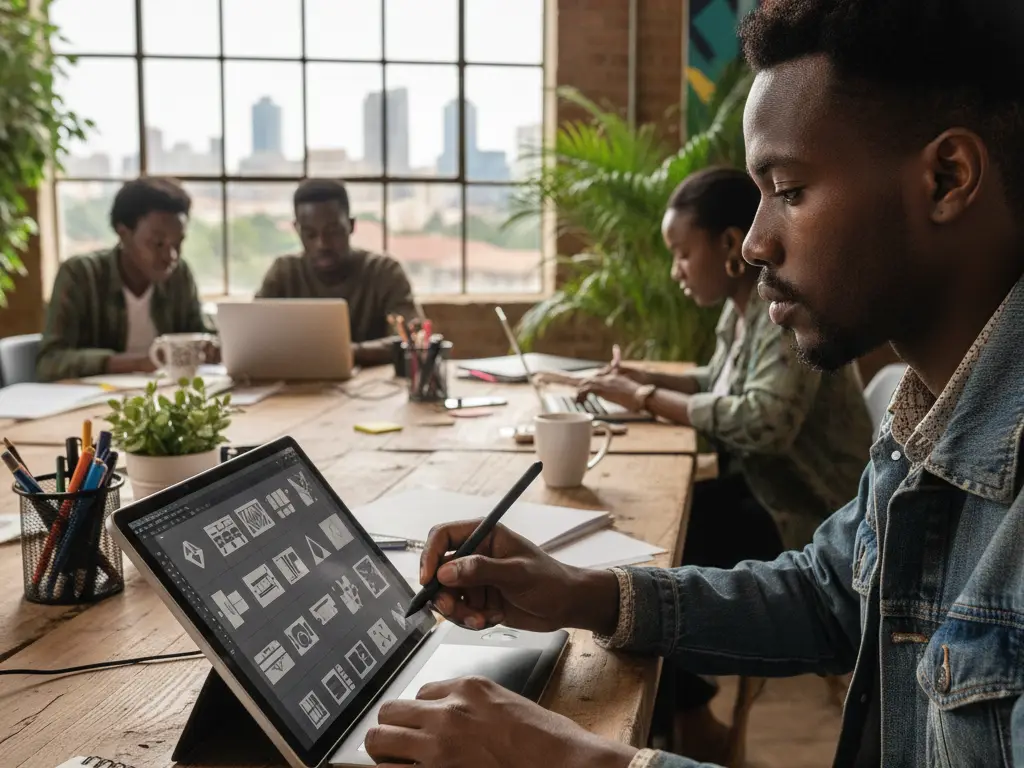 Designer utilisant un stylet pour créer des ressources numériques téléchargeables sur une tablette graphique.